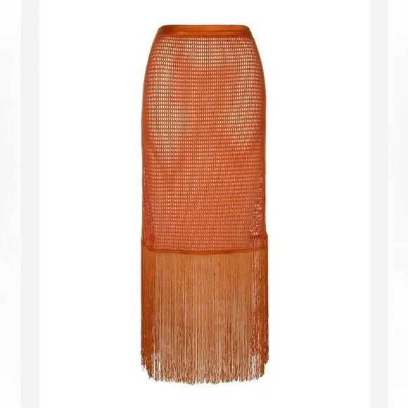 My Beachy Side Camelia Maxi Skirt mesh fringe rust midi resort NWT M swim - Picture 2 of 9